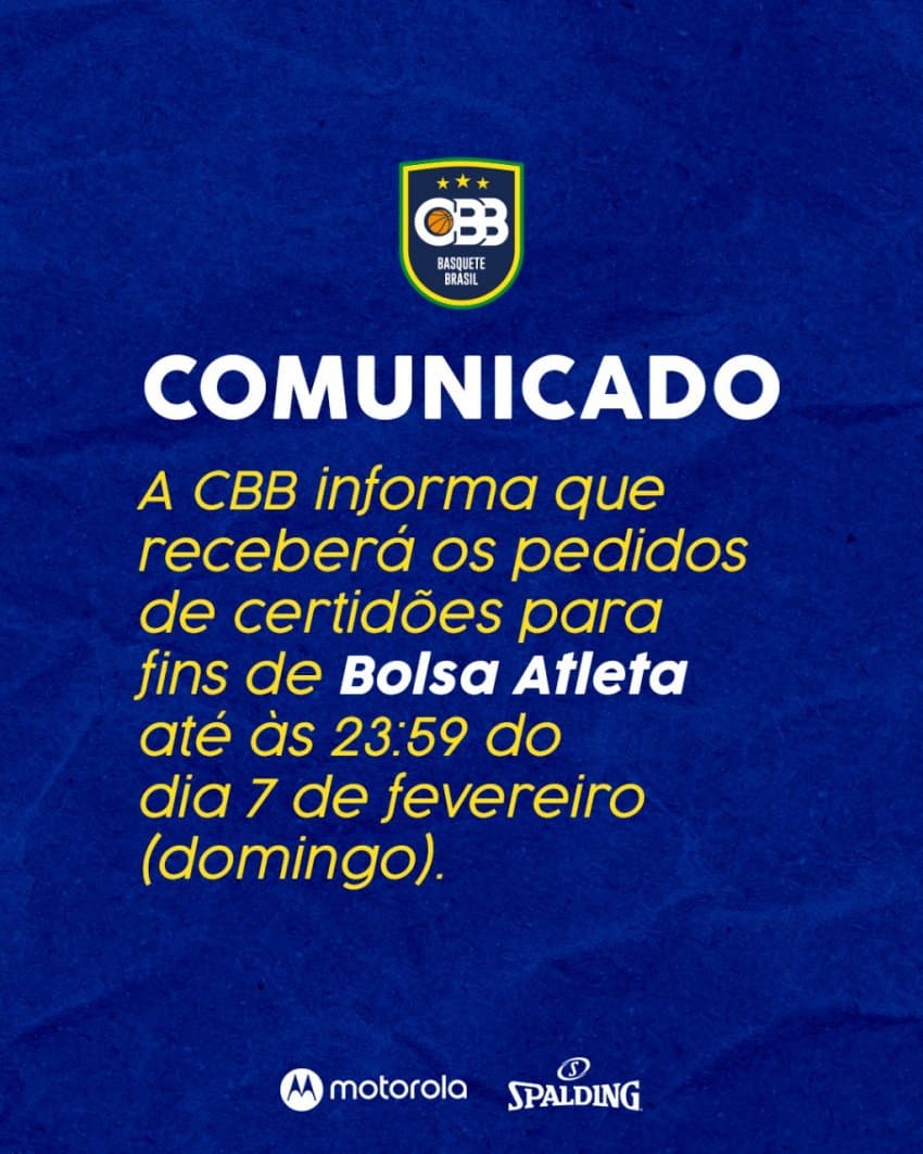 Bolsa Atleta: CBB receberá pedidos de certidões até o dia 7 de fevereiro
